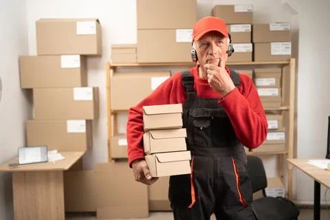 Thoughtful senior postal worker with parcels and headset looking at camera Stock Photos