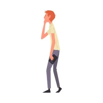 Thoughtful Stooped Young Man Walking Holding Book in His Hand Vector Ilustración de archivo