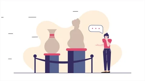 A thoughtful visitor observing modern art sculptures in a gallery illustration Stock Footage 292603401