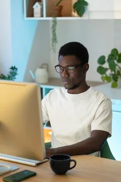 Thoughtful web developer work on computer, programmer trying to find solution Stock Photos