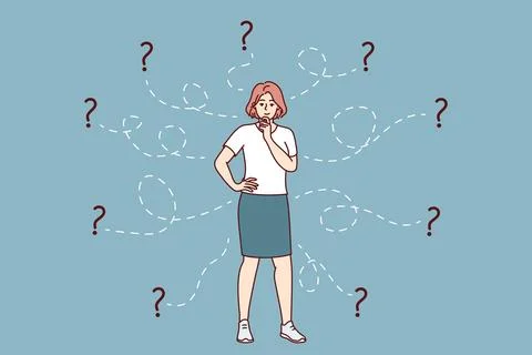 Thoughtful woman solves business problem and scratches chin standing among Stock Illustration