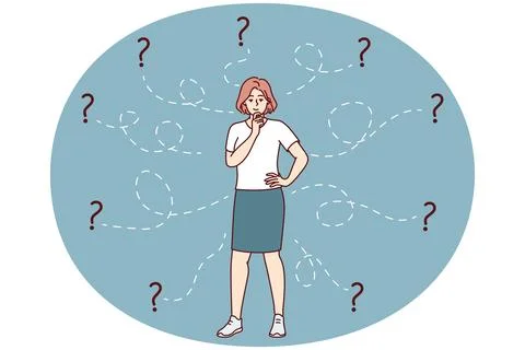 Thoughtful woman solves business problem and scratches chin standing among Stock Illustration
