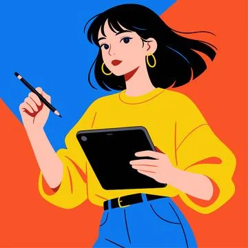Thoughtful Woman Using Digital Tablet and Stylus 스톡 일러스트