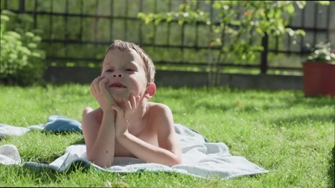 A Thoughtful Young Boy Enjoying a Relaxed Moment on the Green Lawn Under the Stock-Footage 336469910