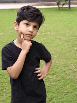 A thoughtful young boy posing with a curious expression, symbolizing learning, i Stock Photos