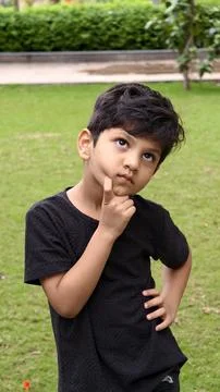A thoughtful young boy posing with a curious expression, symbolizing learning, i Stock Photos