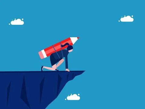 Thoughts develop and take risks. Businesswoman with pencil preparing to jump  Illustrazione stock