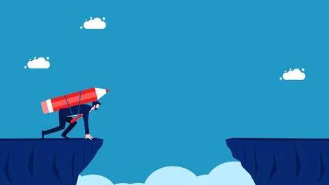 Thoughts develop and take risks. Businessman with pencil preparing to jump ov Stock Illustration