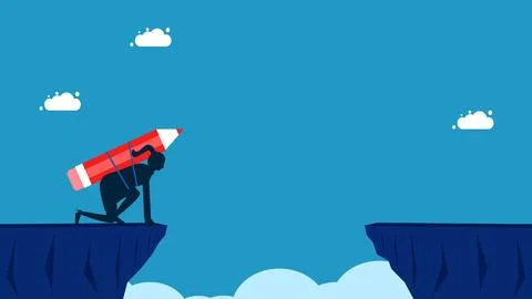 Thoughts develop and take risks. Businesswoman with pencil preparing to jump  Illustrazione stock