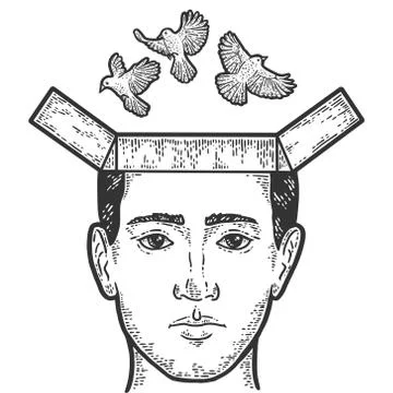 Thoughts fly out of the man head like birds from box. Engraving vector Stock Illustration