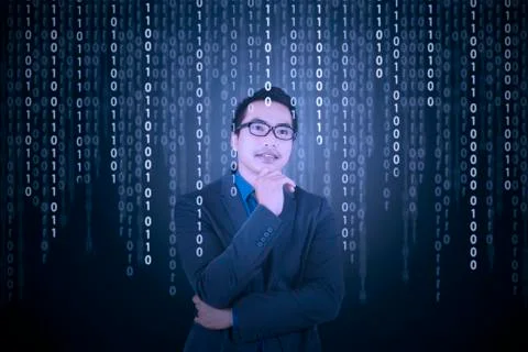 Thougthful businessman with binary code 스톡 일러스트