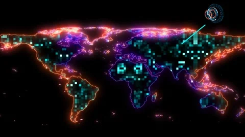 Thousand digital green tiny light global map with sattellite on the bloack .. Stock Footage 247358022