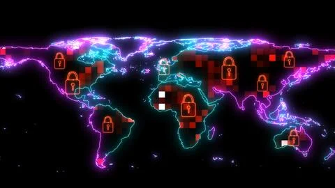 Thousand digital red tone data and red light digital lock on global map. co.. イラスト素材