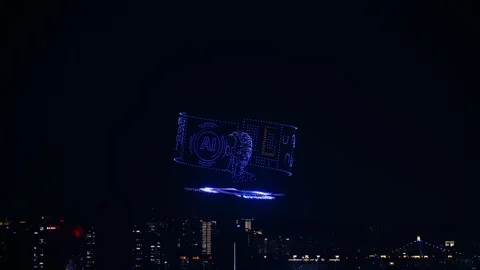 A thousand drones performed in the city at night, themed around AI (Artificial I Stock Footage 334300293