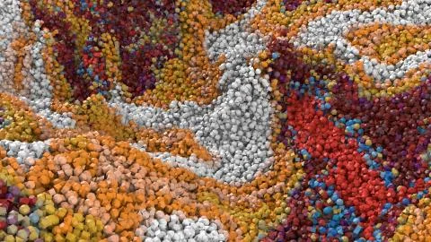 A thousands of 3d particles flow background. Particles made of geometric prim Stock Illustration