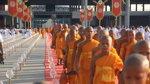 Thousands of Buddhist monks take part in evening prayers. Stock Footage 73587522