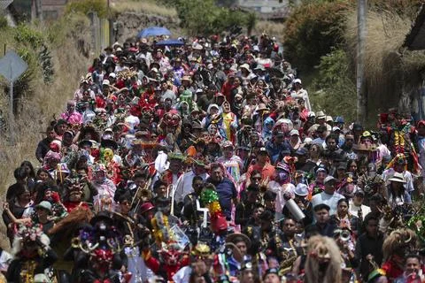 Thousands of devils parade in Diablada Pillarena on the streets of Pillaro in Ec Stock Photos