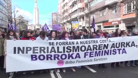 Thousands march across Basque Country to mark International Women's Day, Bilbao, Stock-Footage 330349385
