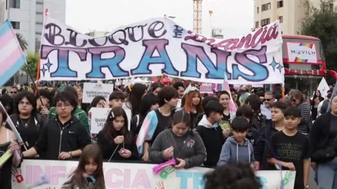 Thousands march in Chile against hate speech and in defense of trans children, S Stock Footage 292455037