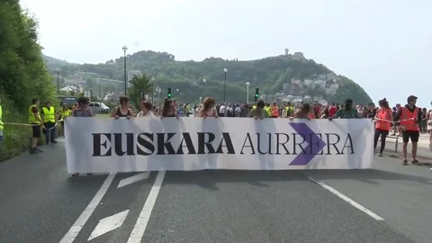 Thousands march in defense of Basque language in northern Spain, San Sebastián,  Stock Footage 204132871