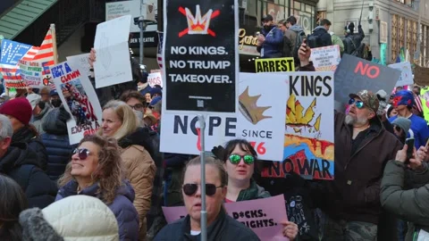 Thousands march in NYC at the "No Kings" national day of action. Protesters Stock Footage 332951419