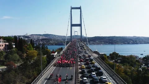 Thousands of Motorcyclists on the Bosphorus Bridge Stock Footage 289784795