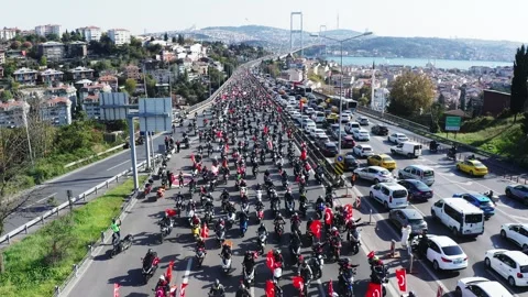 Thousands of Motorcyclists on the Bosphorus Stock Footage 289785506