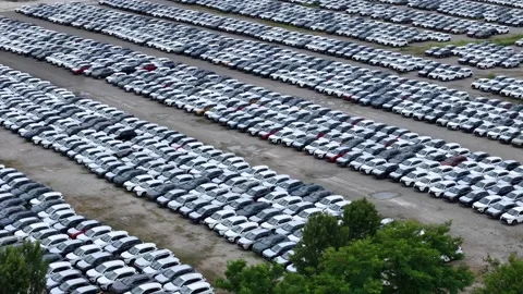 Thousands of passenger vehicles arranged in dense parallel rows across a Stock Footage 344036941