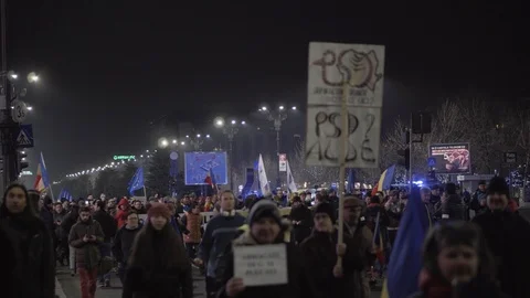 Thousands of Romanians protest against corruption and Government justice decree Stock Footage 104077023