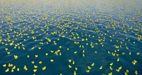 Thousands of rubber ducks in the ocean, 3D animation Stock Footage 125681660