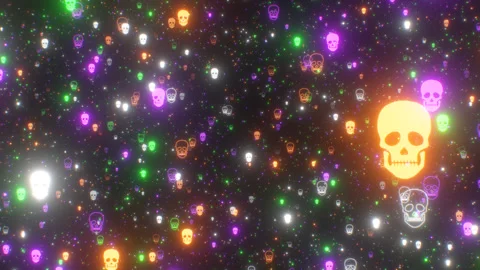 Thousands Of Spooky Scary Skull Shapes Glowing Neon Halloween Colors Video stock 343329370