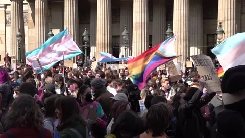 Thousands of trans rights protesters on Edinburgh streets following court rulin Stock Footage 307060379