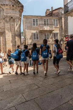 Thousands of young pilgrims dance in arrive in Santiago Stock Photos