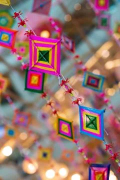 Thread and Beads handmade hanging mobile decoration with copy space Stock Photos