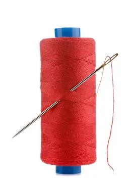Thread and needle Spool of red thread and needle isolated on white Copyrig... 写真素材