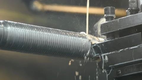 Thread cutting tool at metal working lathe machine Video stock 94389147