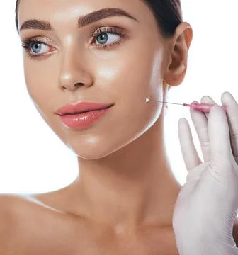 Thread face lift, using mesothreads. Needle with mesothreads near beautiful w Stock Photos