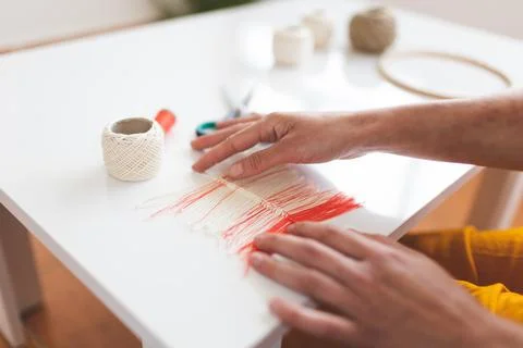 Thread Feather, DIY Home Decor, Handmade Yarn Decoration, Woman Making Dream  Stock Photos