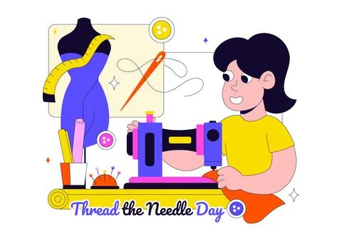 Thread the Needle Day Vector Illustration Featuring Sewing Tools, Tailoring.. Illustrazione stock