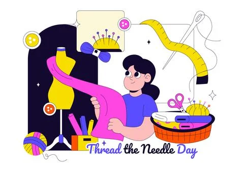 Thread the Needle Day Vector Illustration Featuring Sewing Tools, Tailoring.. イラスト素材