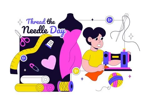 Thread the Needle Day Vector Illustration Featuring Sewing Tools, Tailoring.. Illustrazione stock