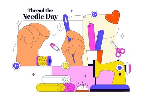 Thread the Needle Day Vector Illustration Featuring Sewing Tools, Tailoring.. Stock Illustration