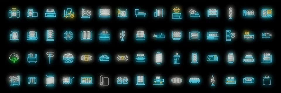 Thread production icons set vector neon Stock Illustration