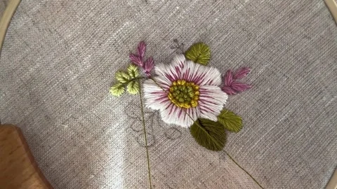 Thread Pulling Through Fabric, Macro Embroidery Process Stock Footage 334375892