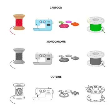 Thread reel, sewing machine, bobbin, pugwitz and other equipment. Sewing and Illustrazione stock