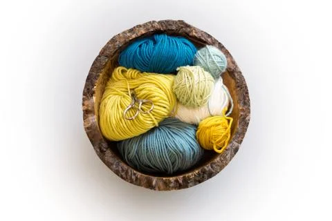 Thread Snips and Balls of Wool in Wooden Bowl Overhead Stock Photos