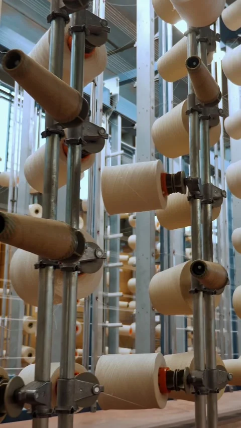 Thread spools. textile industry. weaving factory. racks with many thread spools. Video stock 321235046