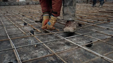 Threaded steel bar frame, building construction 3 Stock Footage 302779351