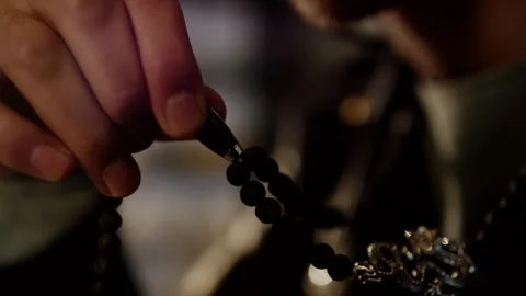 Threading Lava Stone Beads Into Handmade Bracelet, Warm Studio, Macro Detail Video stock 341302113