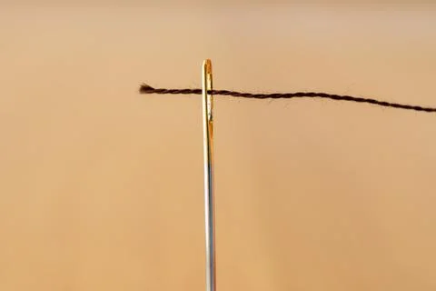 Threading the thread through the needle hole Stock Photos